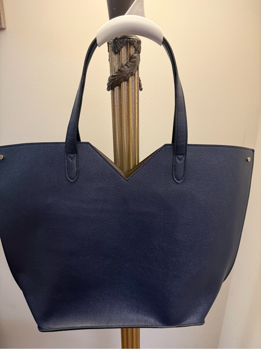 Neiman Marcus Navy Textured Leather Tote with Gold Trim